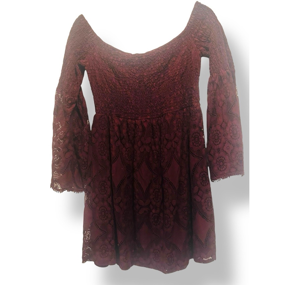 Burgundy Merlot Lace Smocked Mini Dress Sz Lg Bell Sleeves Lined Boho‎ Romantic